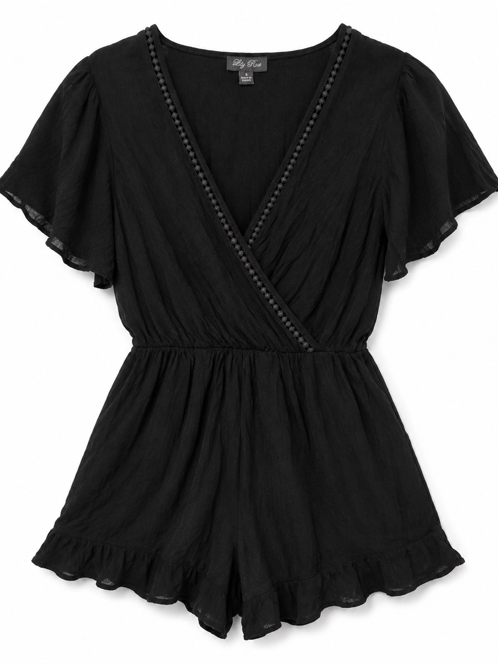 Lily Rose Black Flutter-Sleeve Wrap Romper